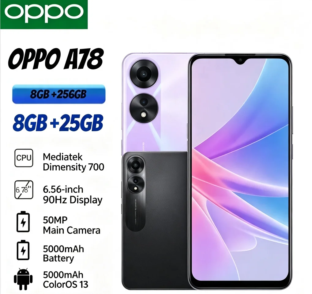 2026 Original OPPO A78 Android Smartphone 6GB RAM 128GB ROM Unlocked Dual SIM 6.5'' FHD+ Display Equipped with Helio G99
