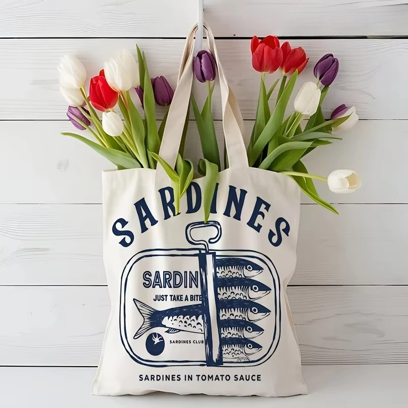Vintage Sardines Canvas Tote Bag, Retro Sardine Can Print, Funny Seafood Reusable Shopping Bag