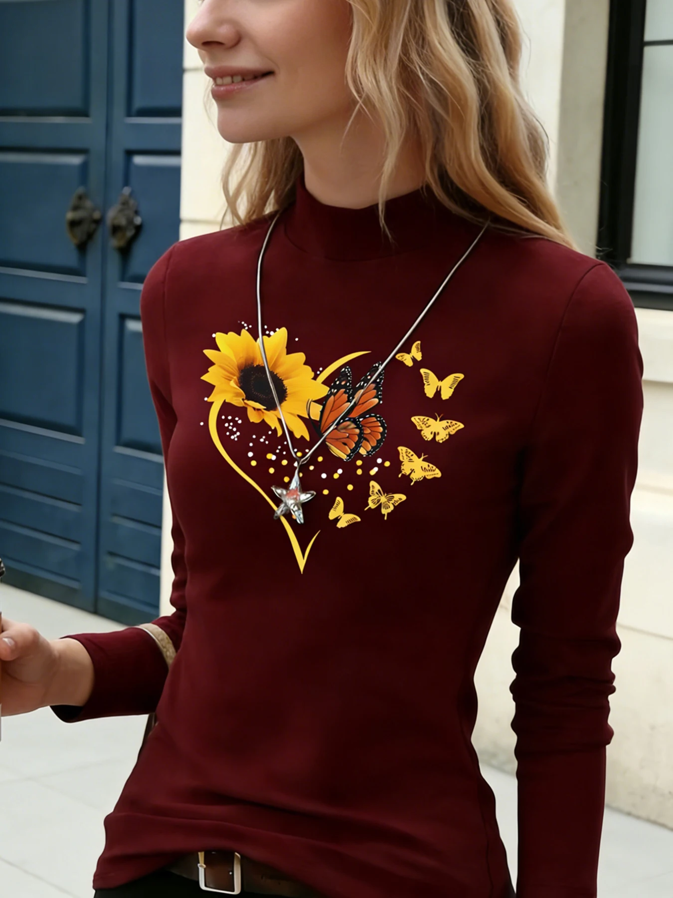 Dames Tops met opstaande hals en lange mouwen Zonnebloem Vlinder Hartprint Casual blouse Basic dagelijks T-shirt Zachte warme top voor dagelijks gebruik