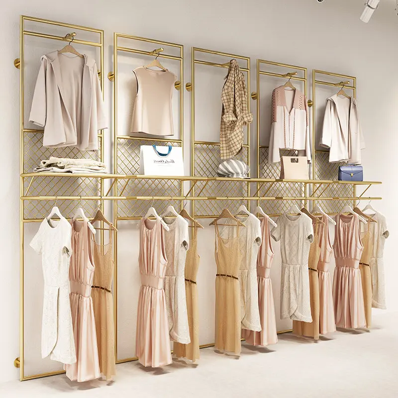 Clothing store background decoration display rack, wrought iron shelf, wall-mounted shelf, double-layer back plate hanger