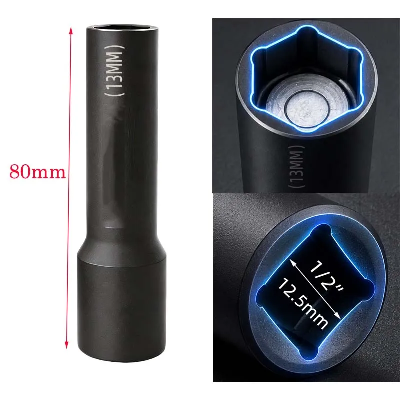 1pc 13mm Extended Magnetic Socket Wrench Shock Absorber Nut 1/2in Square Drive Adapter For Ratchet Wrenches Power-Tool Parts