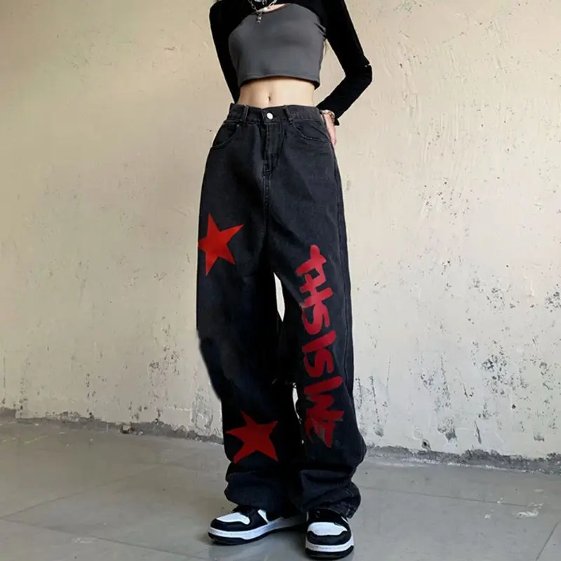 Imagem -03 - Hip Hop Streetwear Vintage Mulheres Black Jeans Oversize High Street Moda Calças Casual Estrelas Impressão Perna Larga Calças Retas