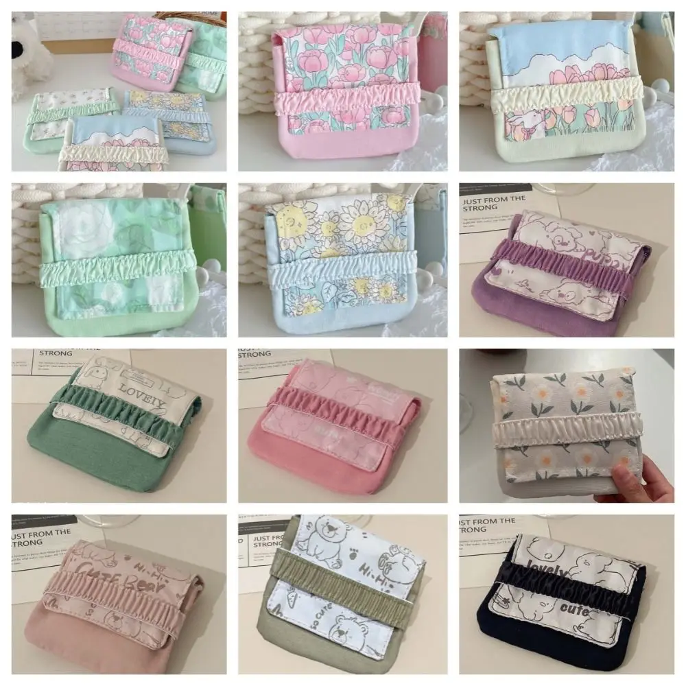 Large Capacity Mini Cosmetic Bag Bear Candy Color Sanitary Napkin Storage Bag Korean Style Cotton Cloth Flower Coin Purse