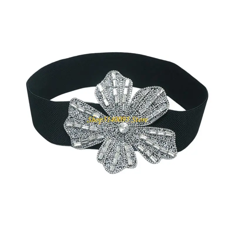 DXAE Comfort Wide Elastic Woven Belt Featuring Double Rose Rhinestones Design For Women's Fashion Waist Accessory