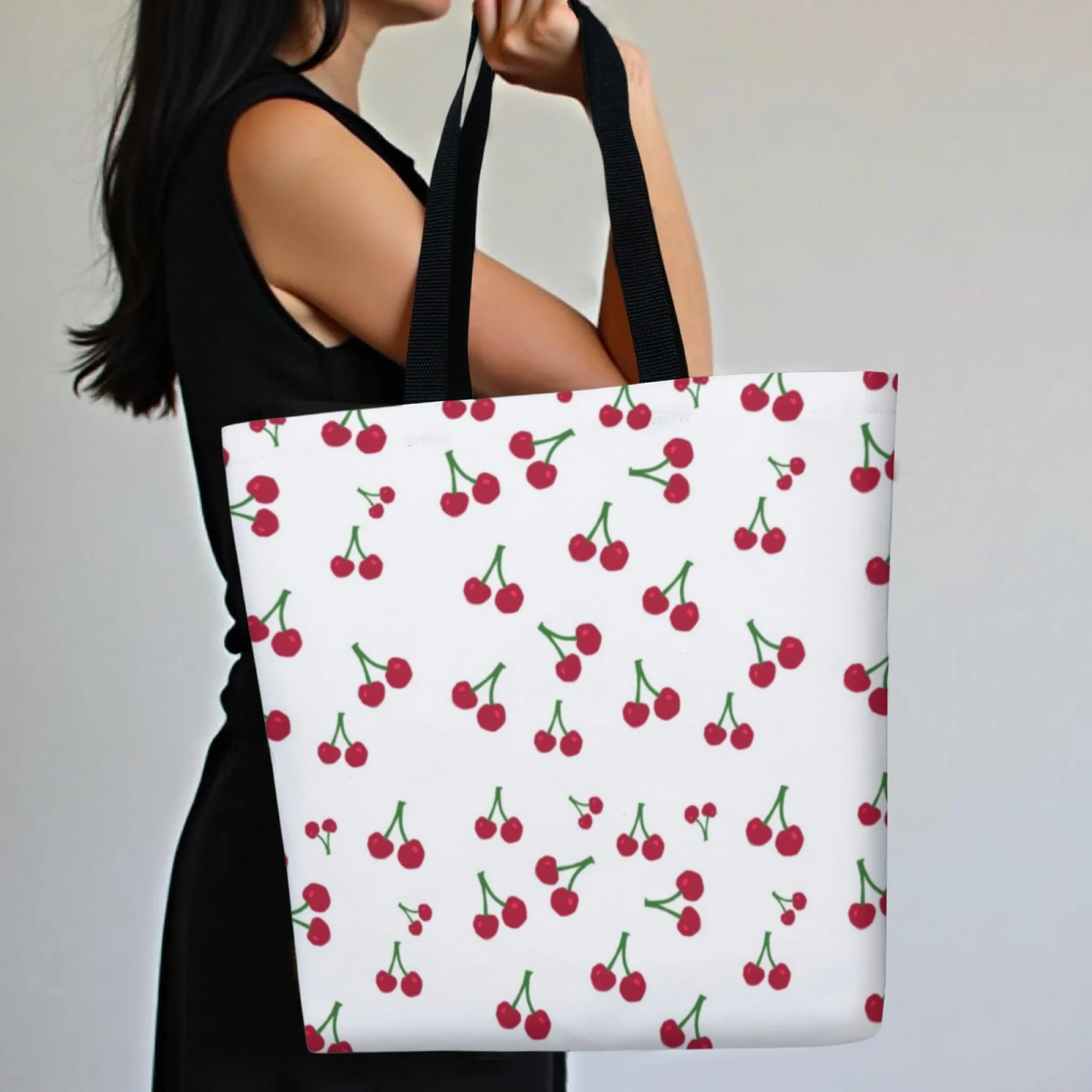 Vibrant Cherry Canvas Women Tote Bag White Fruit Design Eco-Friendly Suitable for Summer Markets Fruit Picking & Weekend Trips