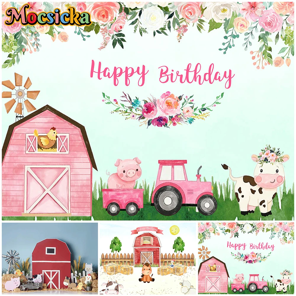Mocsicka Happy Birthday Backgrounds Photography Soft Washable Non Fading Pink Home Party Decor Tractor Backdrop Studio Photocall