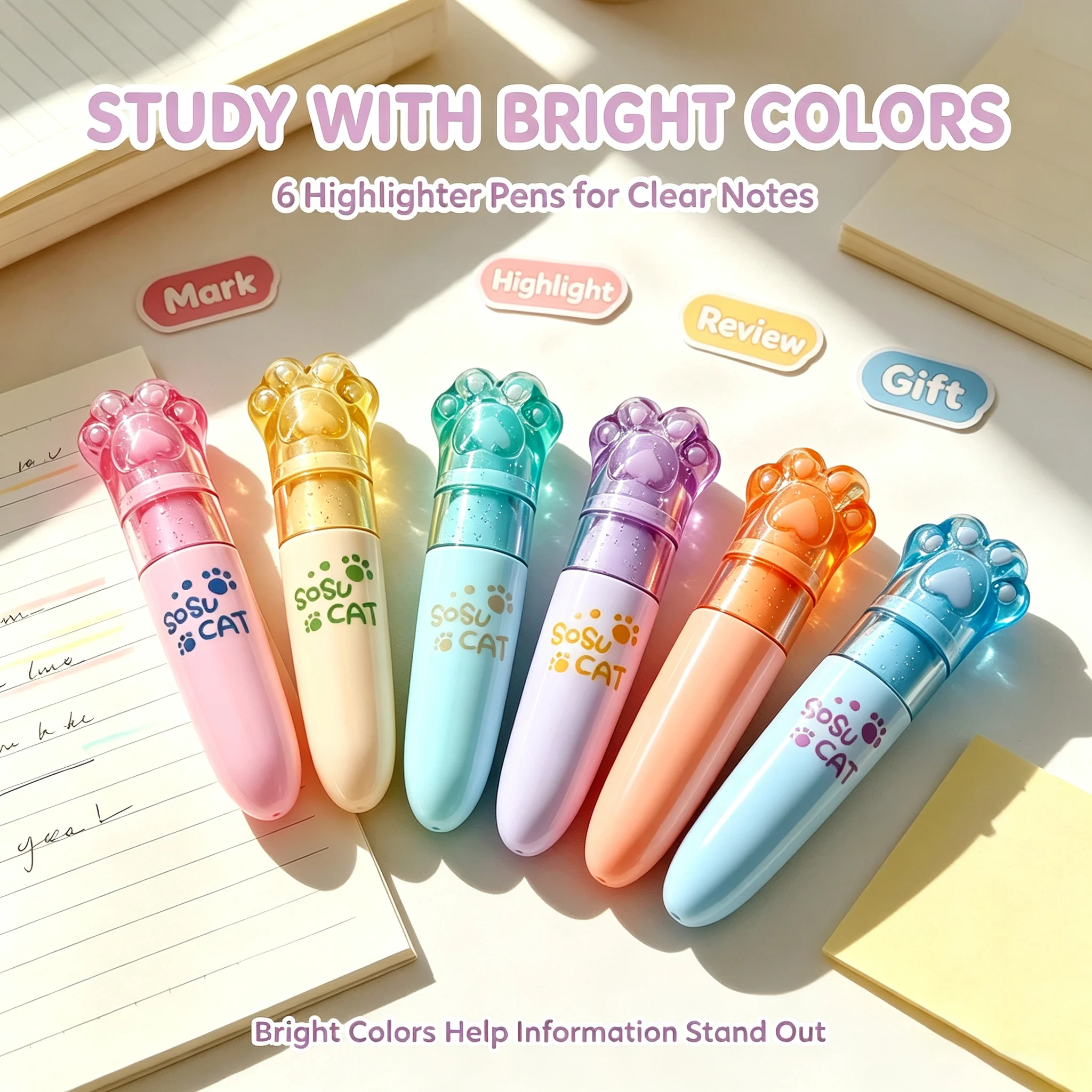 6Pcs Kawaii Mini Highlighter Pen Set, Chisel‑Tip Quick‑Dry Fluorescent Markers, for Drawing Student Office Stationery Supplies