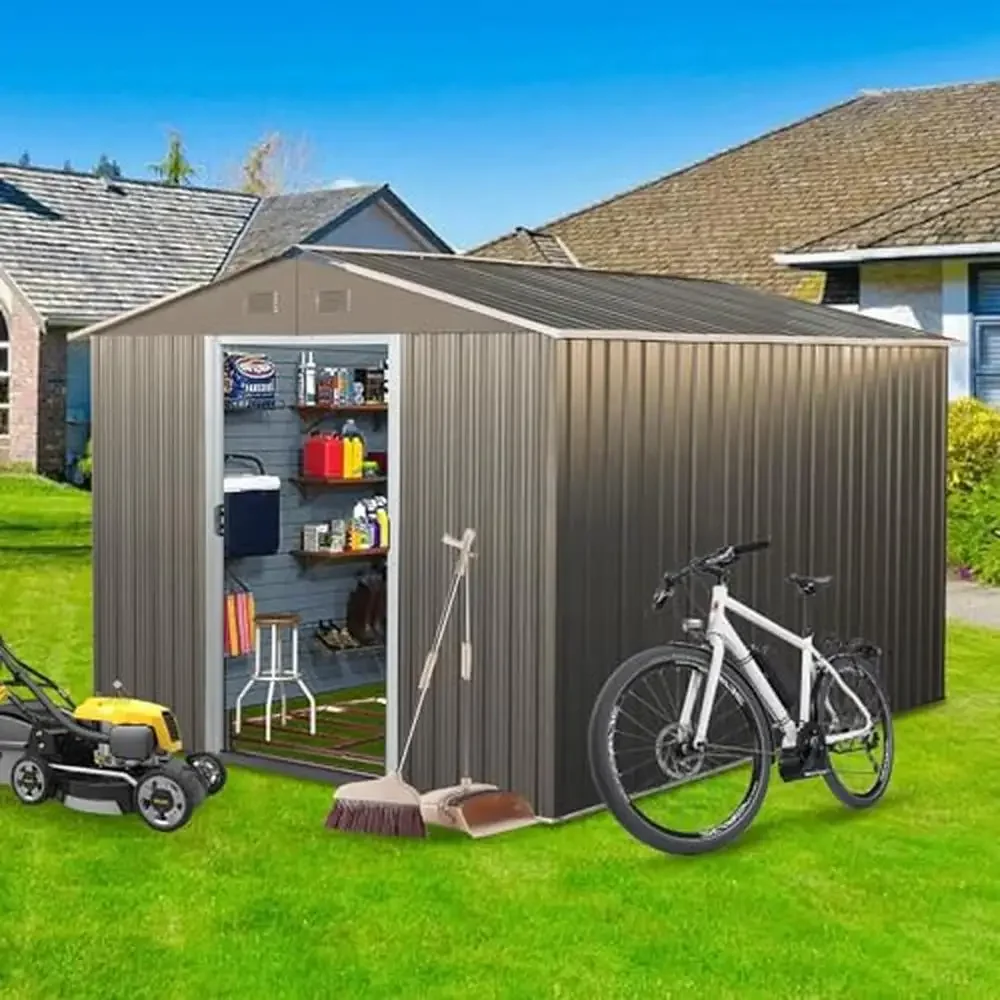 10x8 FT Large Metal Garden Tool Shed Outdoor Storage Lockable Sliding Doors Waterproof Rustproof Durable Shed Perfect Lawnmowers