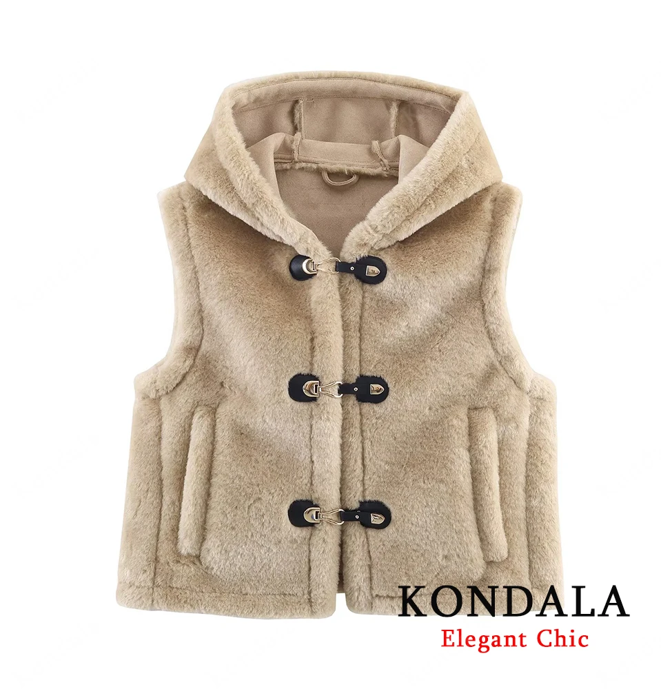 

KONDALA Women String Button Faux Furry Vest Khaki Sleeveless Hooded Vest New 2025 Fashion Fall Winter Pocket High Street Vest