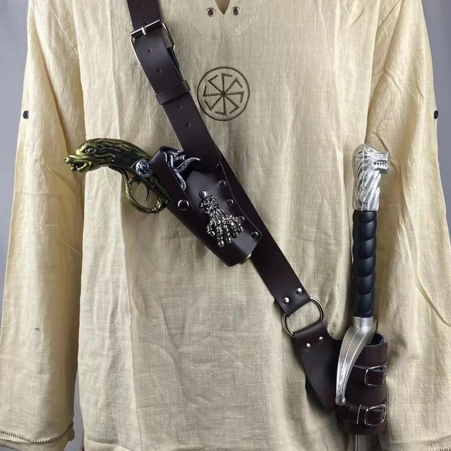 Shoulder Belt Adjustable Sword Gun Holder Sheath Scabbard Frog Leather Armor Pirate Halloween Costume Rapier Medieval Holster