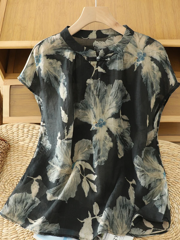 

New Chinese Sle Printed Cotton Linen ort Sve irt Women's Loose Zen Mind Set Collar Top Summer New Arrival