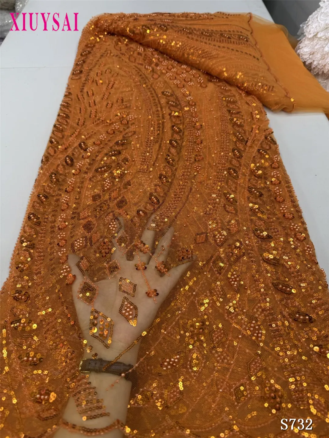 

Wholesale African Beaded Lace Fabric French Bridal Sequins Lace Fabric 2025 Luxury Nigerian Tulle Lace Fabric Couture Materiel