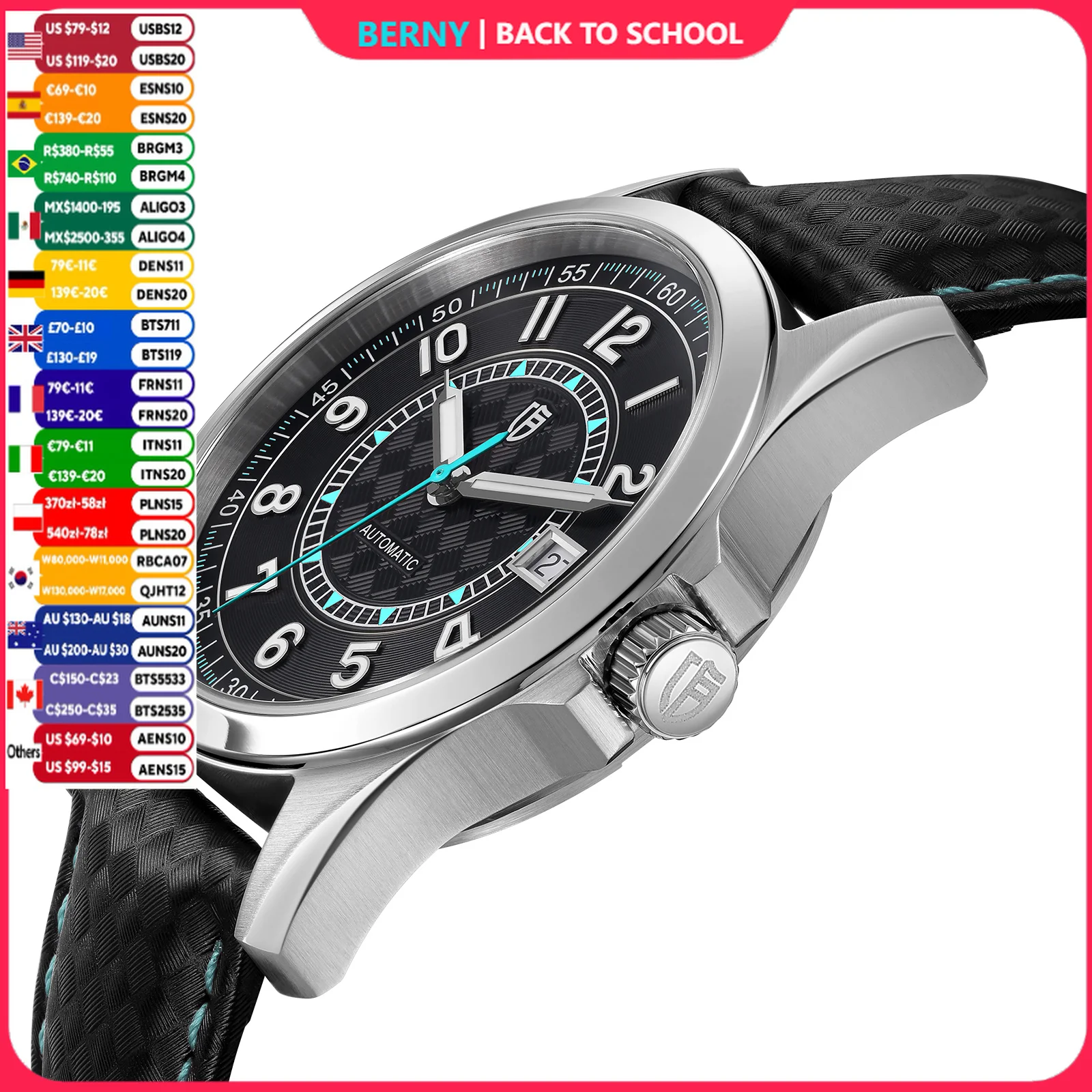 BERNY Uhren für Herren PT5000 ST2130 Mechanisch Automatik Luxus Herrenuhr Kalender Super leuchtender Saphir 10ATM Leicht ablesbar