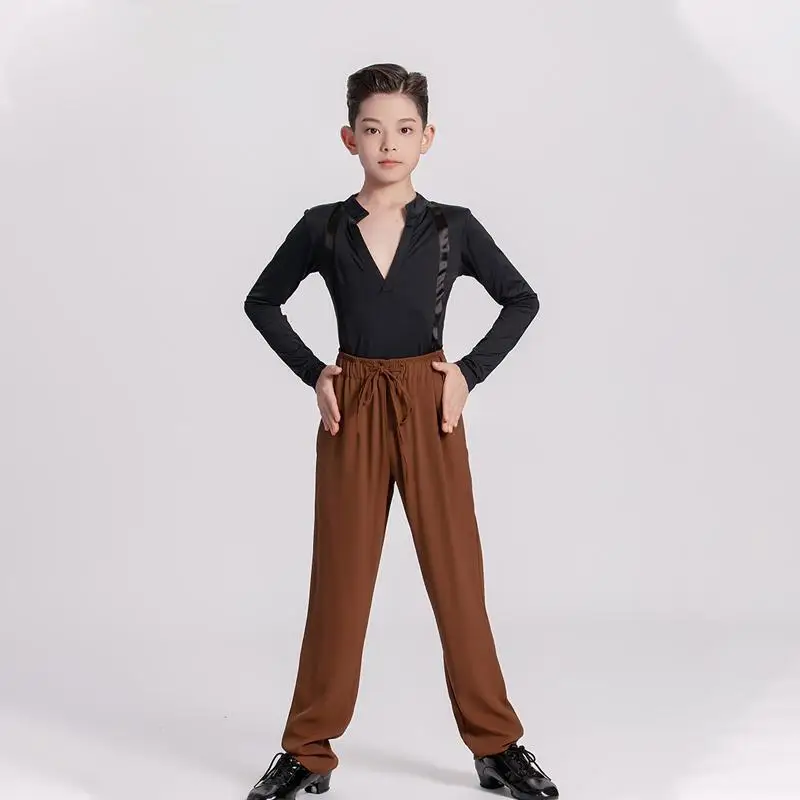 Nouveau pantalon de danse latine à lacets pour enfants marron pantalon d'entraînement de danse rumba cha samba pour garçons tube droit polyvalent danse latine par