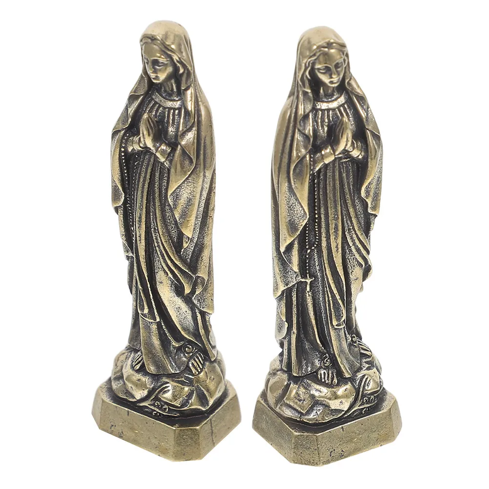 2Pcs Mini Virgin Mary Brass Sculpture Catholic Statue Religious Decor Home Altar Portable Metal Sculpture Catholic Statue