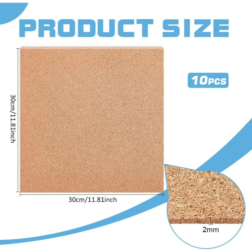 10 PCS Cork Board 12x12 Inch Square Coasters 2mm Thick Sand Brown Sheet Insulated Cork Sheet for Bulletin making kit