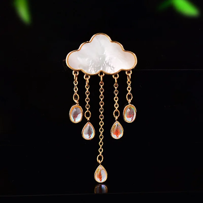 Chinese Style Natural Mother Of Pearl Gold Tone Cloud Raindrop Tassel Brooch Auspicious Lucky Pin For Coat Dress Elegant Jewelry
