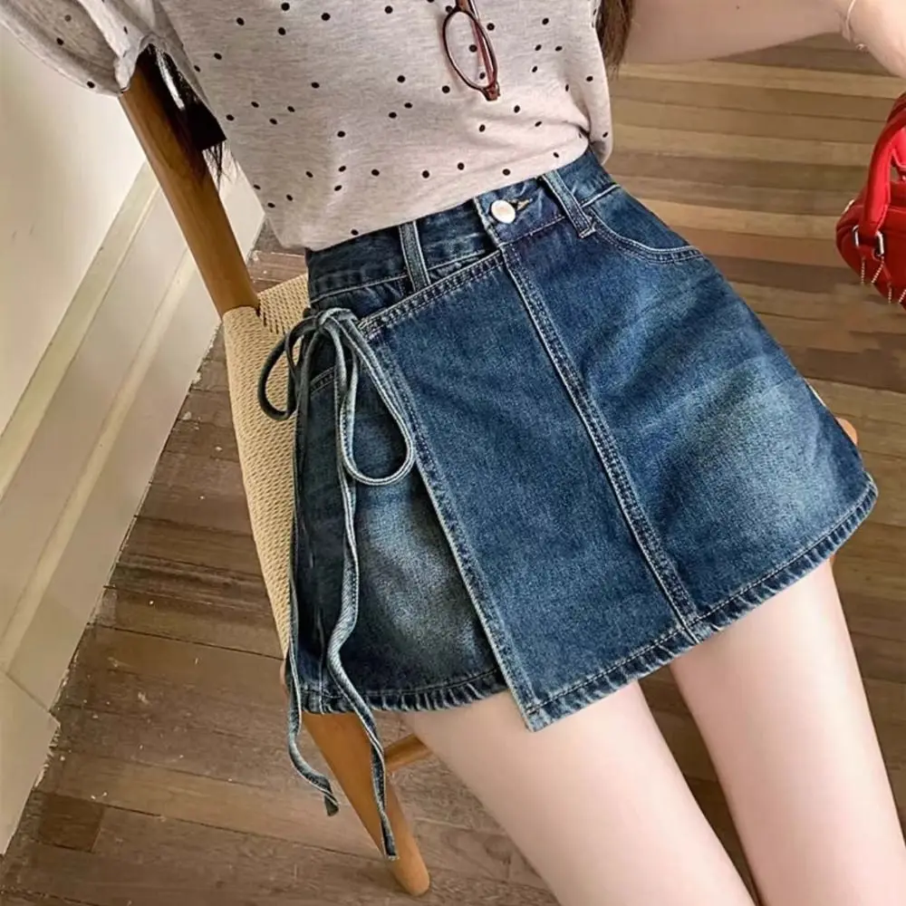 

Юбка-шорты А-силуэта на шнуровке с высокой талией, широкими штанинами, имитация двух предметов, в стиле Y2K, для дерзких девушек, свободные синие джинсовые юбка-шорты, весна-лето