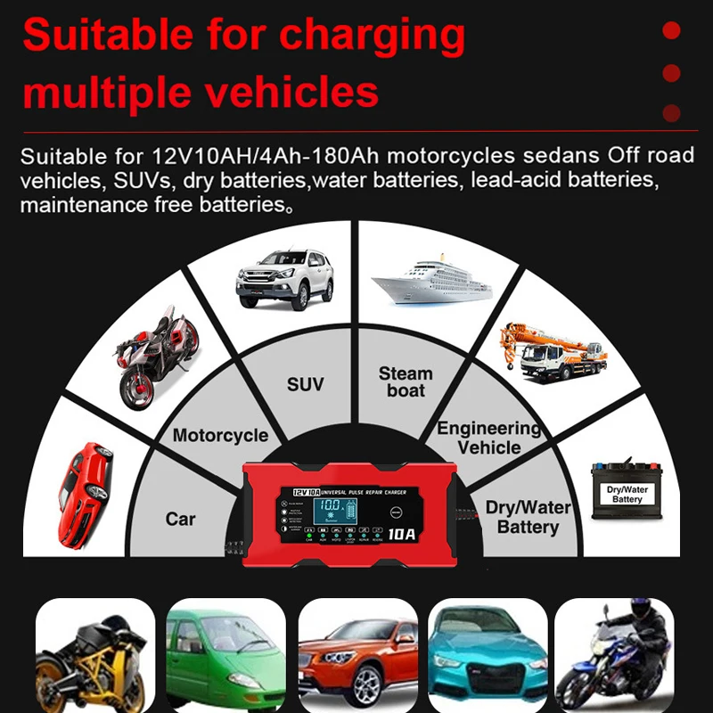 Cargador de batería de coche para motocicletas eléctricas, reparación inteligente de baterías de litio, Lifepo4, plomo ácido, AGM, GEL, PB, 12V,