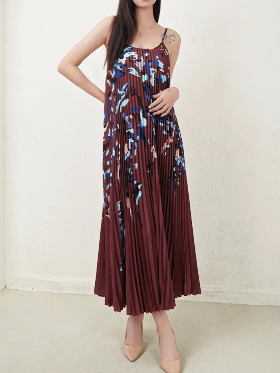 CHUJIE فستان نسائي موضة الترفيه الراقية مطبوعة حزام فضفاض بلا أكمام التجاعيد طول الركبة فستان 2025 ربيع/صيف جديد