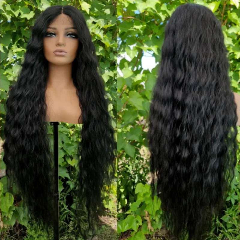 Jet Black Lace Frontal Synthetic Wig  Free Part Lace Wig With Natural Preplucked Hairline Natural Looking Middle Part Hairline