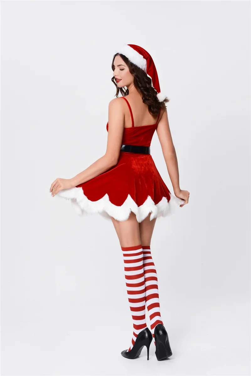 Vestido de Navidad de terciopelo rojo Sexy para mujer, traje de Cosplay de Santa Claus, ropa de fiesta de lujo