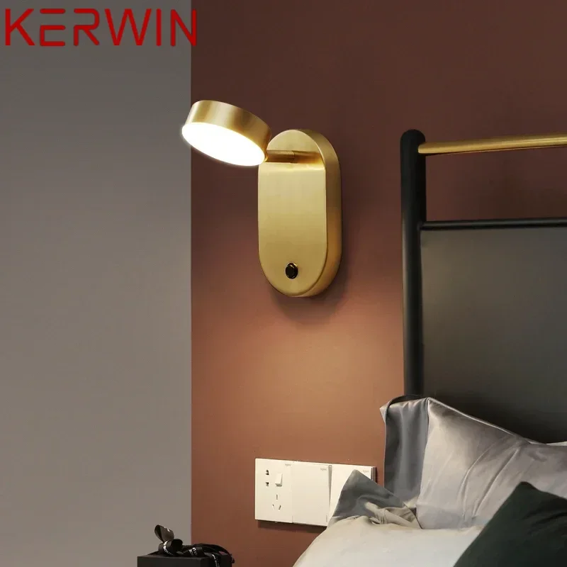 KERWIN Nordic Copper Wall Lamp LED 3 Colors With Switch Brass Gold Sconce Light For Decor Home Living Room Bedroom Aisle