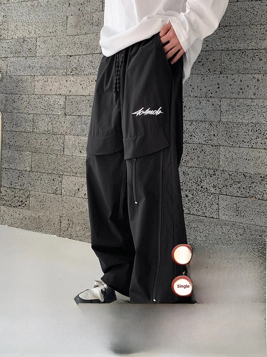 

Casual American Zipper Embroidered Woven Straight Leg Trousers Outdoor Workwear Waterproof Functionality Fleece Youth Spring