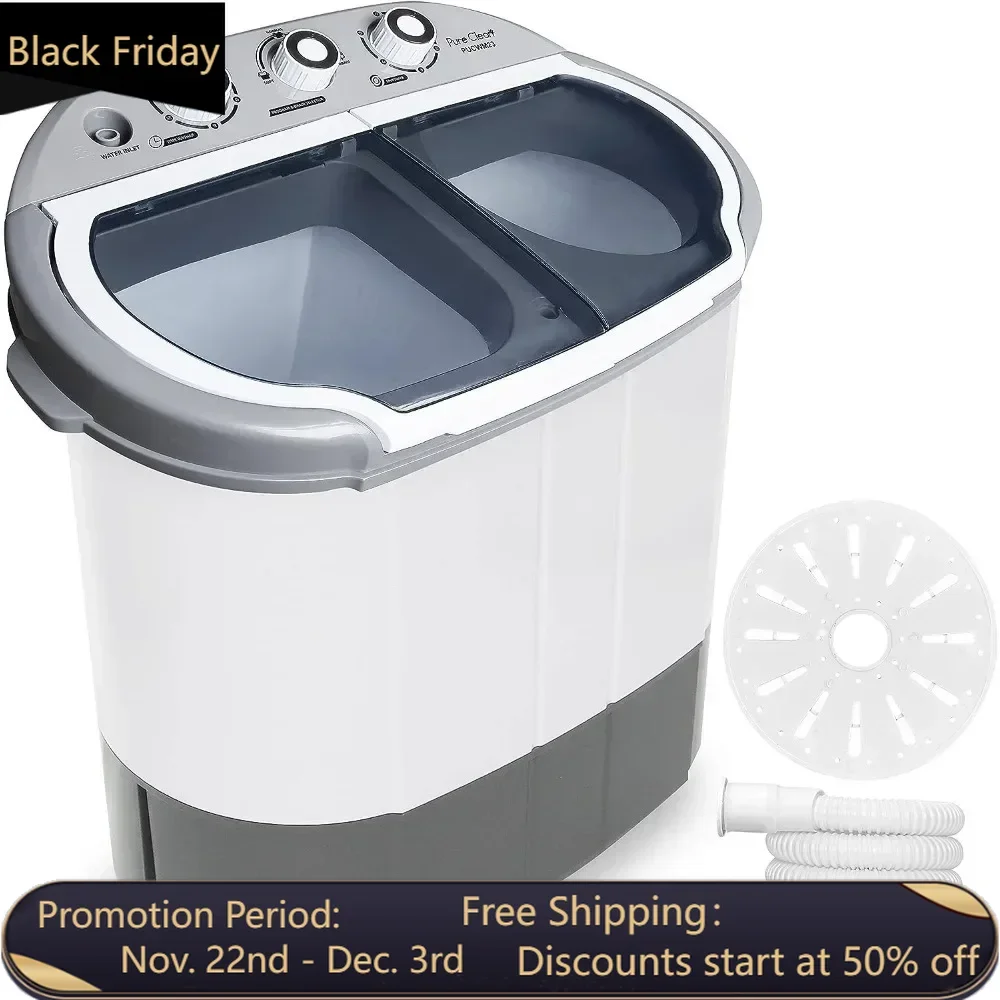 Compact Home Washer & Dryer, 2 in 1 Portable Mini Washing Machine, Twin Tubs, 11lbs Capacity, Spin Cycle w/Hose, Gray