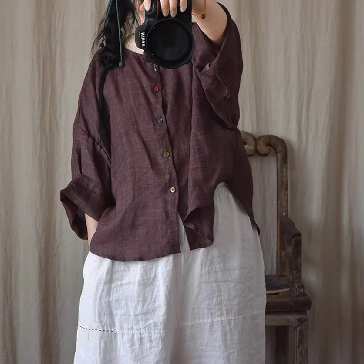 Mulheres verão leve sheer botão camisa manga longa cardigan ramie retro em torno do pescoço solto curto topos blusa alta e baixa