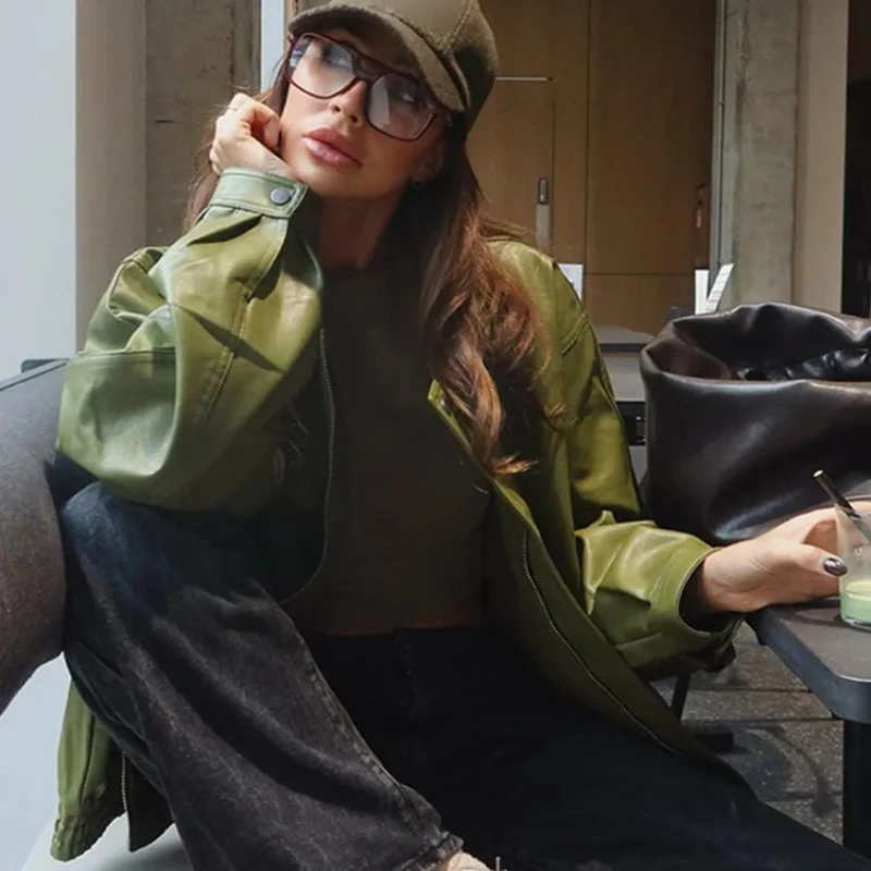 Suninheart ฤดูใบไม้ร่วง Olive สีเขียวเสื้อหนัง Faux Coat Vintage Moto Biker Zipper Jacket หลวมสบายๆผู้หญิง Outwear