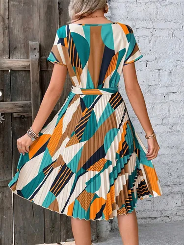 Imagen 2 del producto Vestido elegante con cordones y estampado, vestido largo medio plisado con cuello redondo para mujer de verano