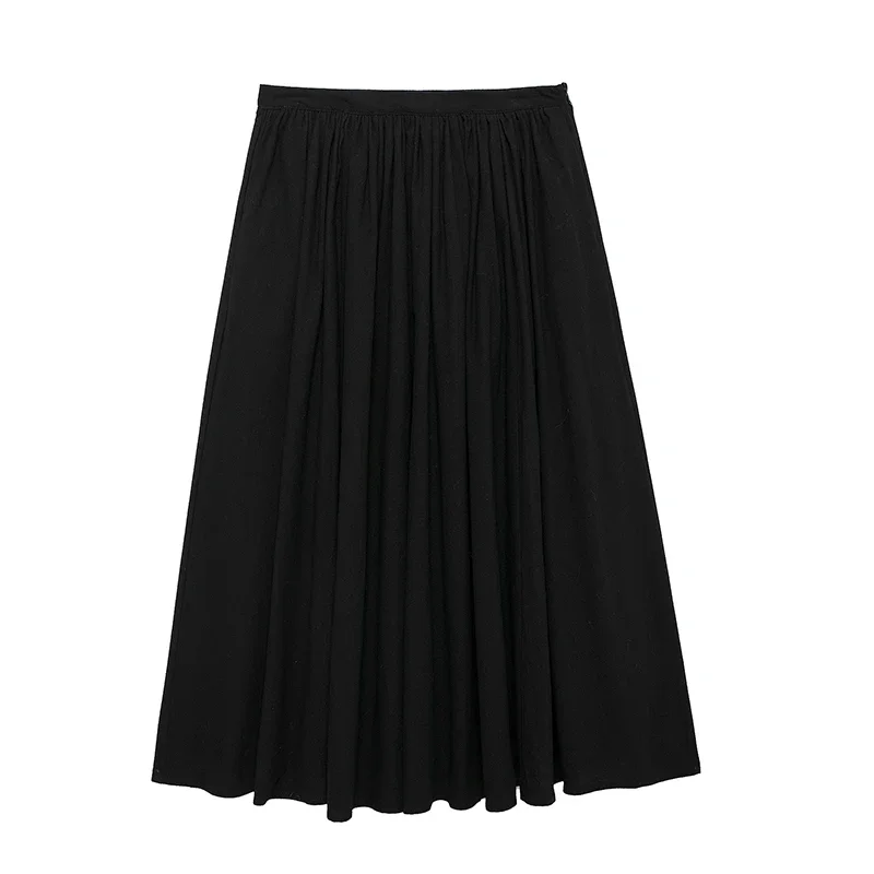 Women Fashion Solid Pleated Front Slit Midi Skirt Vintage Mid Waist A-Line Female Chic Lady Skirts