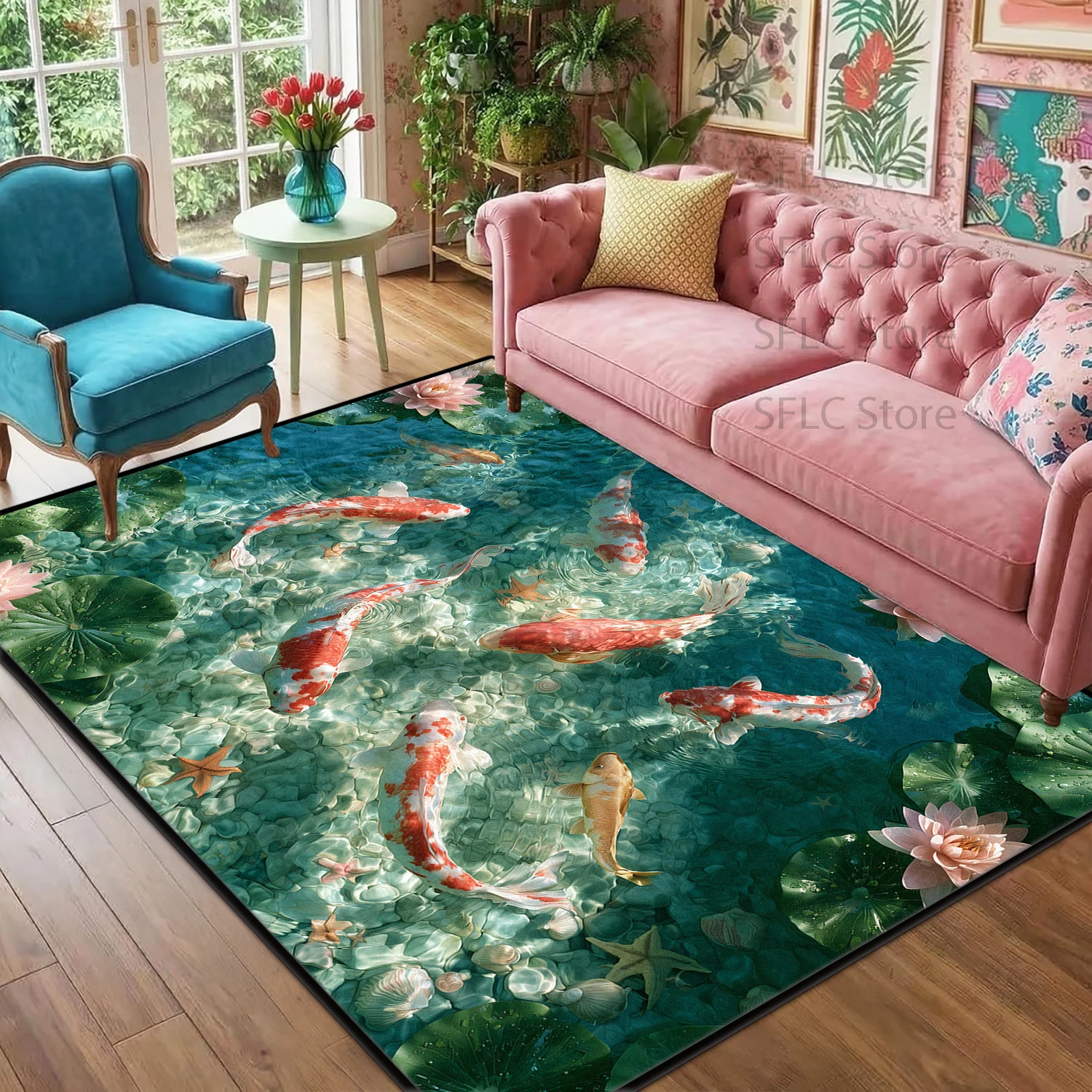 Chinese 3D Lotus Koi Print Living Room Sofa Mat Non-slip Washable Bedroom Large Rug Soft Fluffy Customized Study Floor Carpets