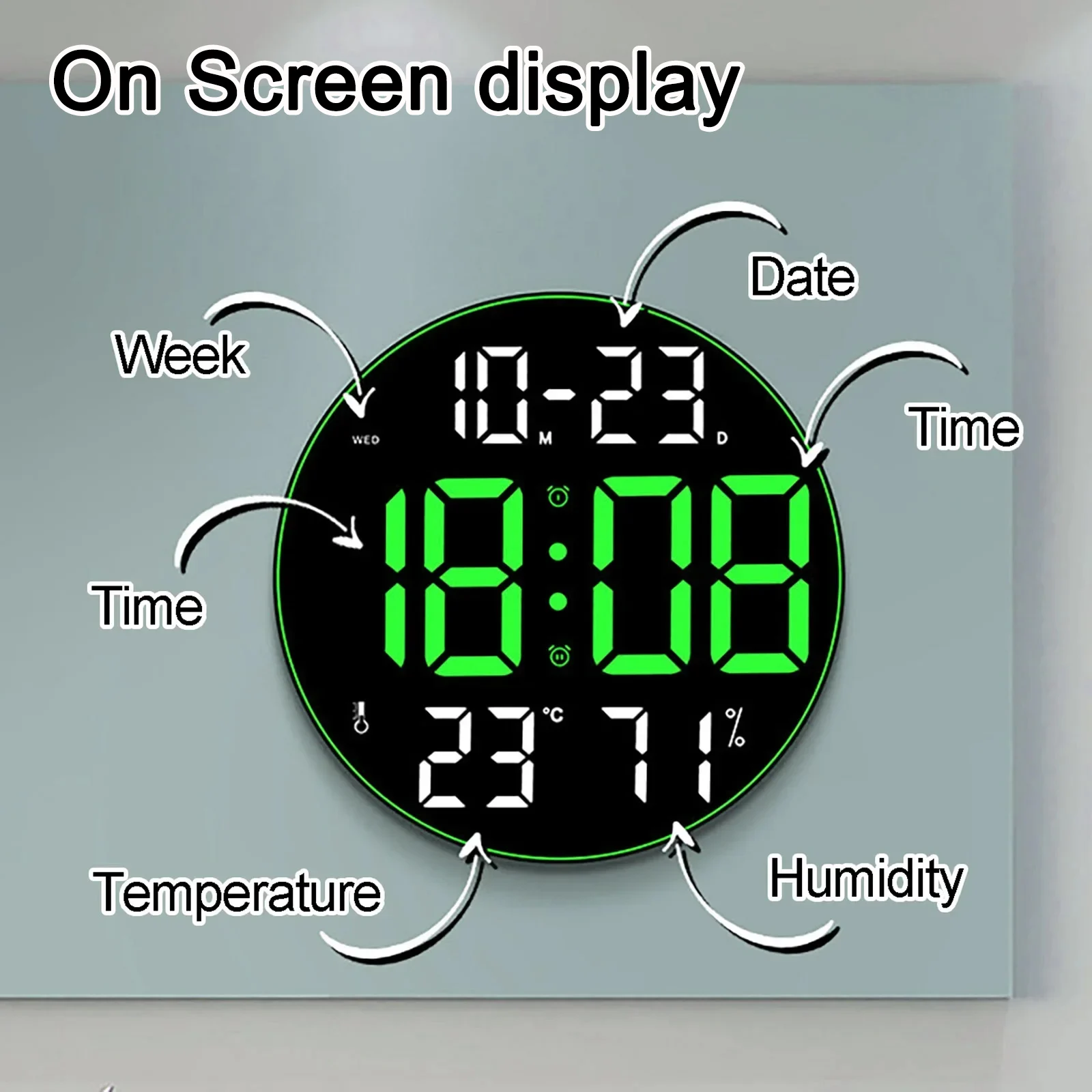 Imagem -03 - Relógio de Parede Redondo Led com Grande Tela Led Umidade e Temperatura Data de Exibição Relógio Digital Usb Desktop para Decoração da Sala