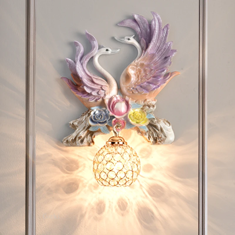 American Resin Swan Animal Decoration Led Wall Lamp Creative Living Room Sofa Aisle Stairs Loft Sconces Crystal Art Wall Lights