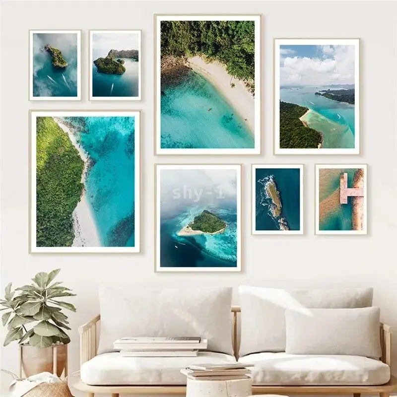 Tropical Island Blue Sea  Boats Canvas Print  Beach Landscape Wall Art for Living Room Decor