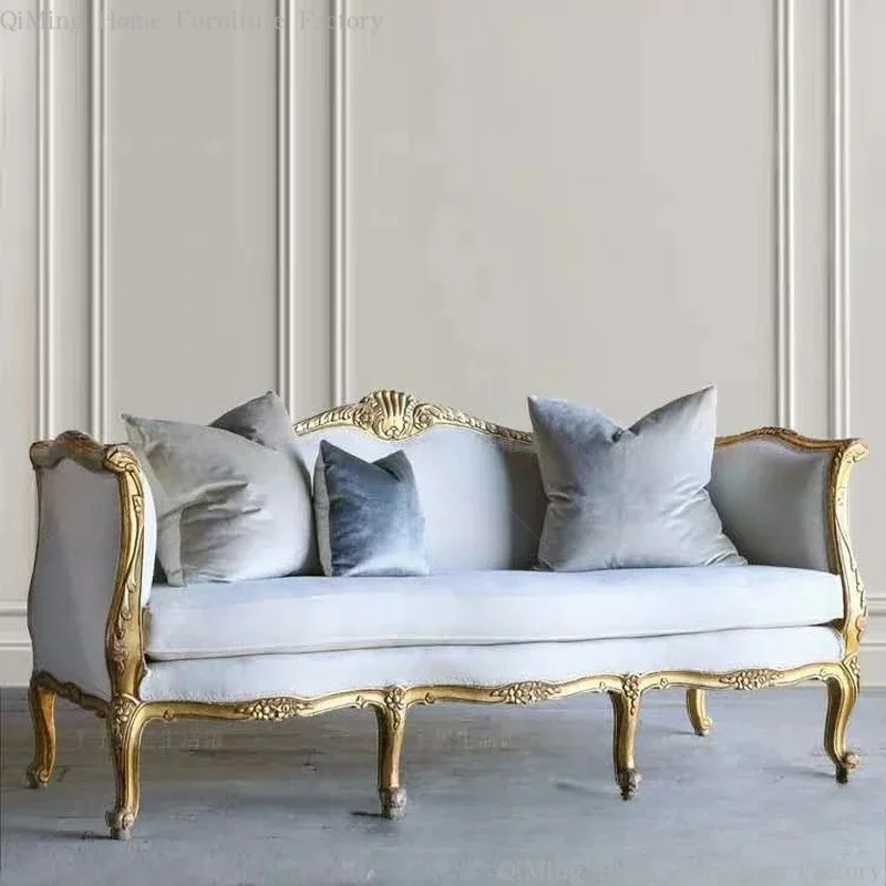 6 American Country Living Room Solid Wood Double Three-Person Sofa French Gold Studio Photography Old Soft Bag Sofa