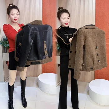Chaqueta de cuero de penetración de dos lados para mujer, abrigo de lana suelto, prendas de vestir exteriores de un solo pecho, abrigo grueso femenino, otoño e invierno, nuevo