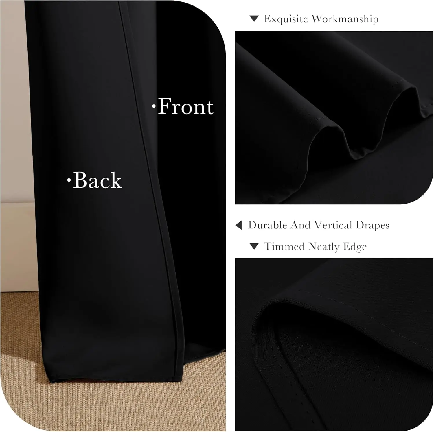 Blackout Curtains 96 Inch Long, Room Darkening Thermal Insulated Drapes for Bedroom, 52 Wide, 2 Panels, Black view 6