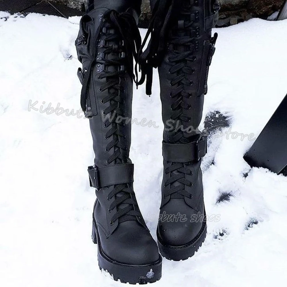 

Lace-Up Chelsea Boots Knee High Genuine Leather Solid Color Punk Rock Fashion Elegant Sexy Pockets Women Shoes Newest Round Toe