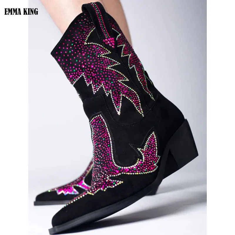 

Women Western Boots Platform Studded Crystals Fringe Chunky 2024 Brand New Vintage Style Heeled Mid Calf Boots Winter Shoes 44