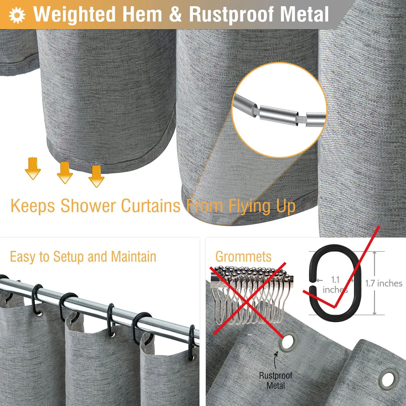 K-Water Shower Curtain Elegant Thicken Grey Imitation Linen Polyester Curtains Waterproof For Bathroom with Hooks Japanese 220cm