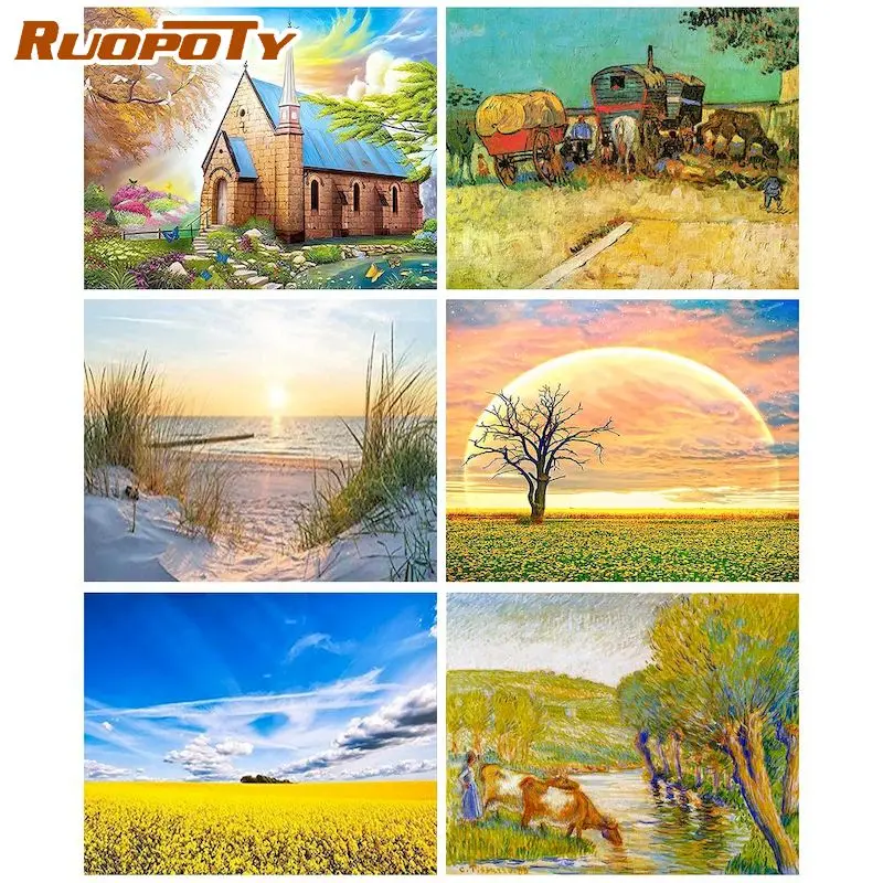 

RUOPOTY 5D Diamond Embroidery New Arrival Full Square Green Field Diamond Painting Mosaic Kit Landscape Crafts Gift