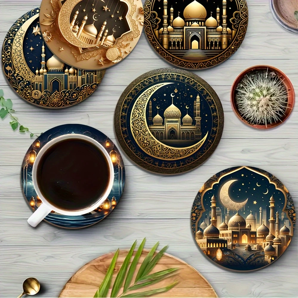 6pcs Islamic-Themed Moon-Phased Wooden Coaster Set Heat-Resistant Non-Slip Durable for Home Office Party Gifts