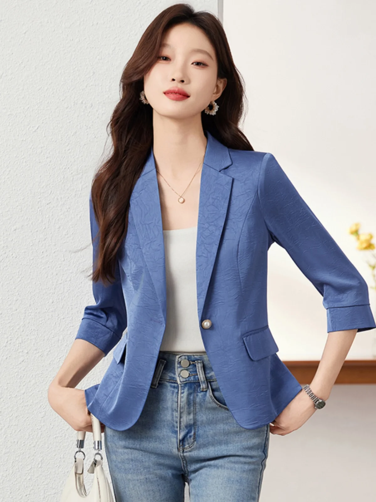 Fashionable Pink Suit Jacket Women's Commute Style Slim Fit Seven Sleeve Commuter One Button Embroidered Floral Polyester