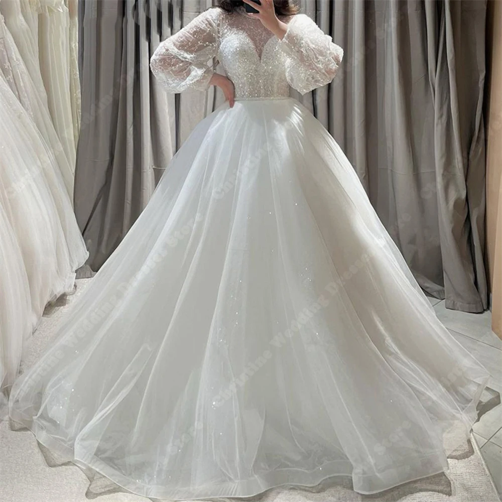 Vintage Summer A-Line Women Wedding Dresses Shiny Sequins Backless Bridal Gowns Elegant Fluffy Skirt Hem Vestidos de Novias 2024