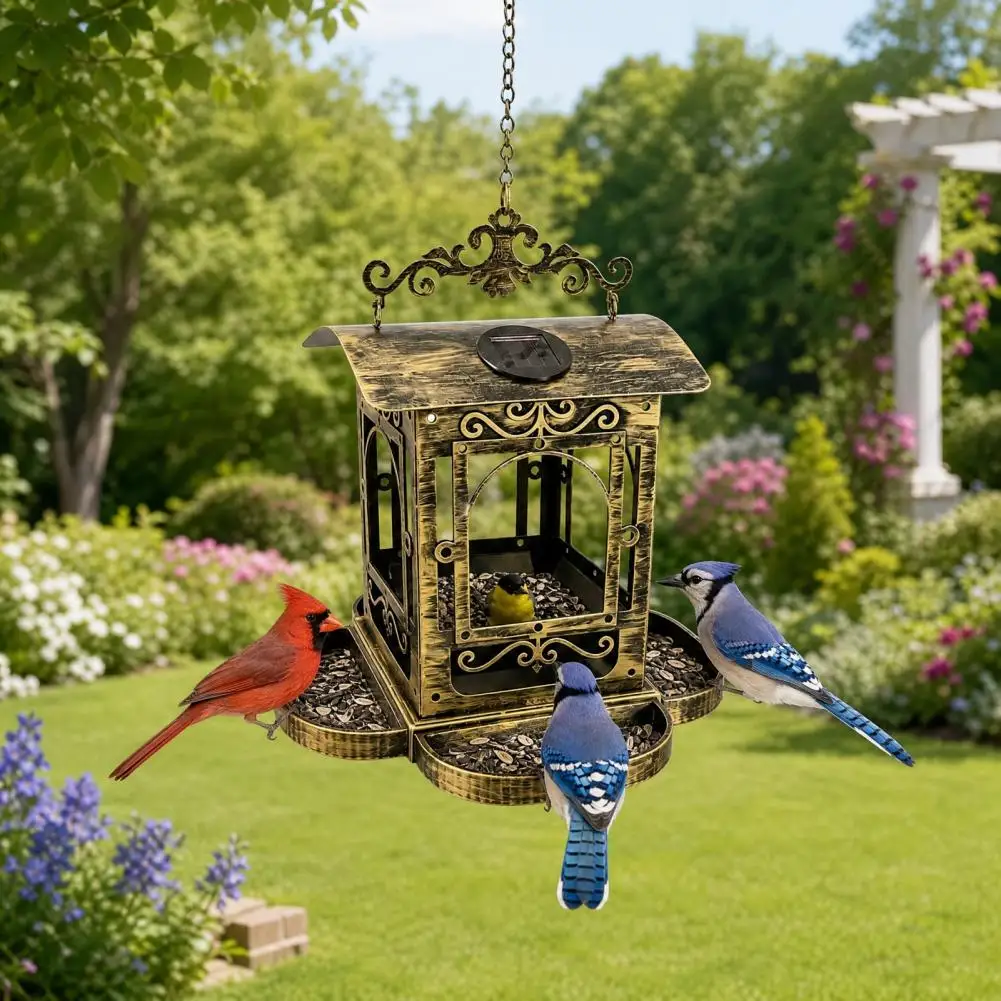 360 Degree Bird Feeder Solar Bird Feeder for Outdoors Hanging Retro Carriage Metal Wild Bird Feeder Solar Powered Garden Lantern