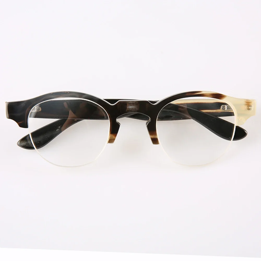 Eyeglass Frames Vintage Big Oval Round Handmade Unique Natural Horn Half Rim Prescription Man Women's Glasses Frames Eyewear