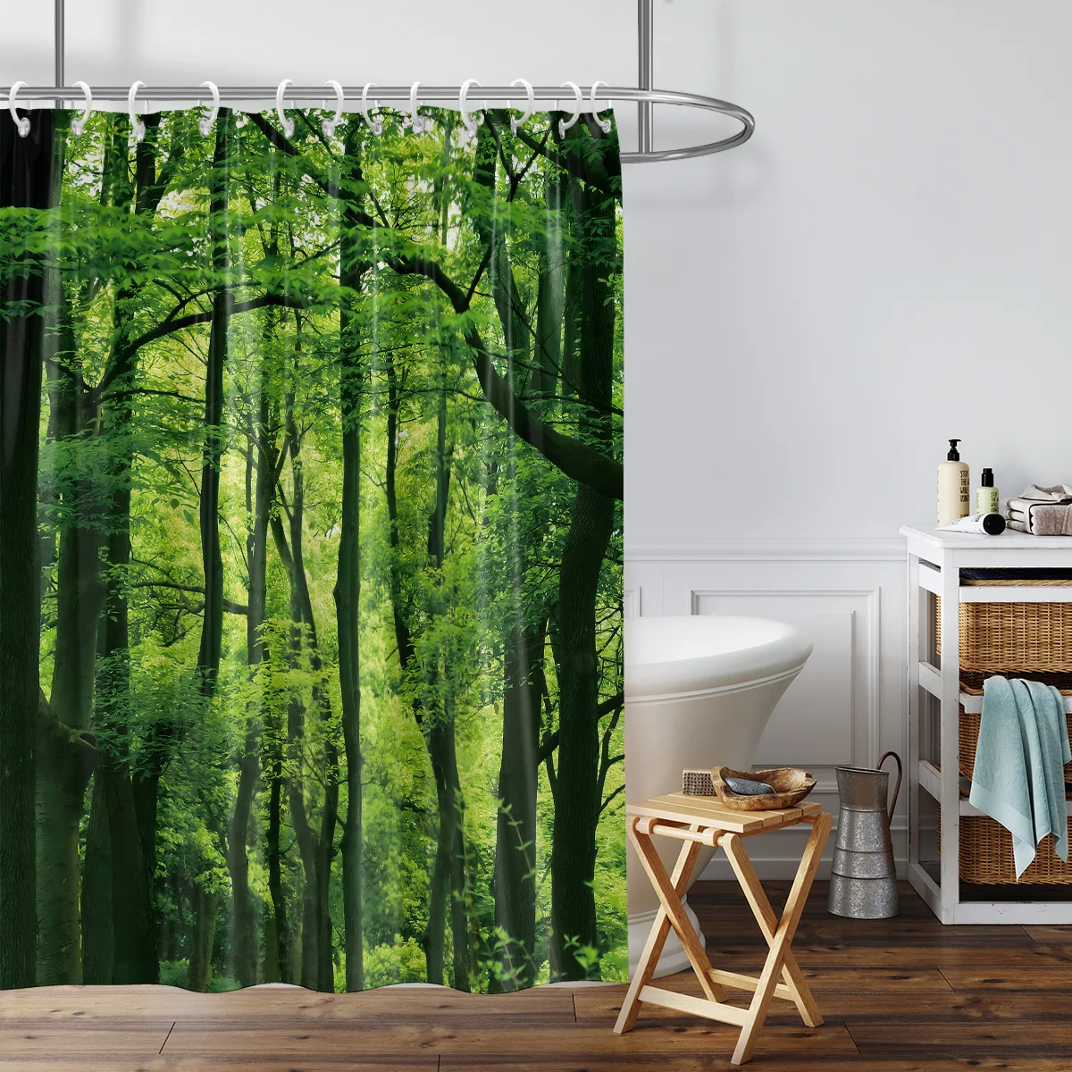 1PC naturally green forest printing, waterproof, mildew, resistance, hook, machine washing, bathroom shower curtain